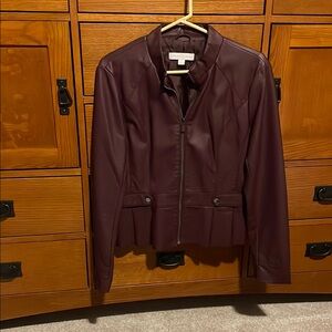 New York & Company Brown Leather Jacket Sleek Collarless Design